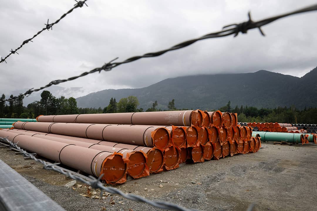 Pieces of the Trans Mountain Pipeline project sit in a storage lot outside of Hope, British Columbia, Canada.